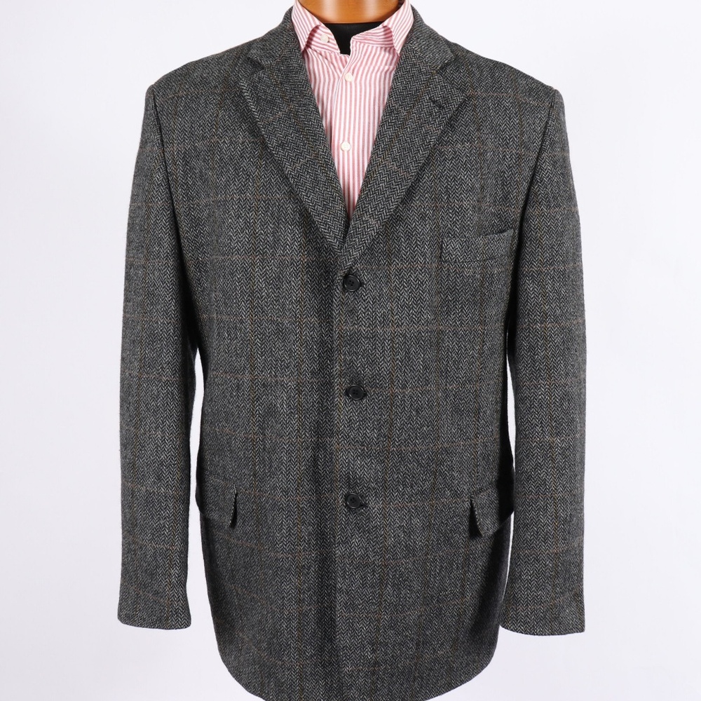 Wool Tweed Mens 48L Gray Herringbone Sport Coat